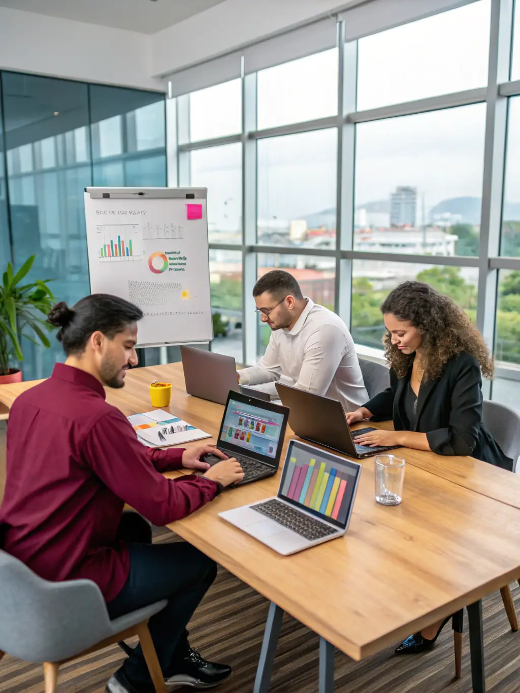 A focused team collaborating on a strategic plan, reviewing charts and data projections in a modern office setting, emphasizing data-driven decision-making.