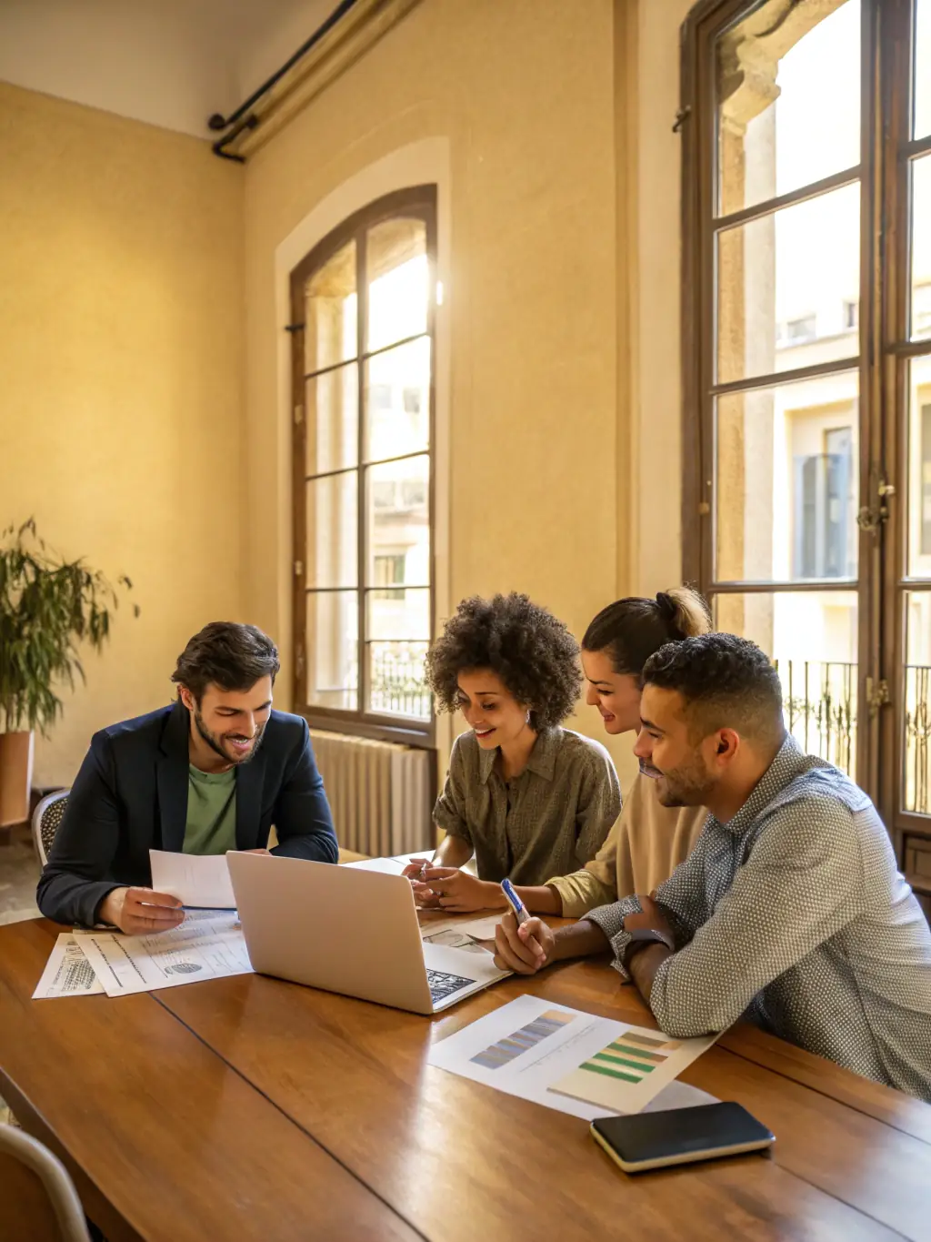 A team of consultants brainstorming around a table, reviewing charts and graphs, symbolizing strategic planning for a church or nonprofit organization.