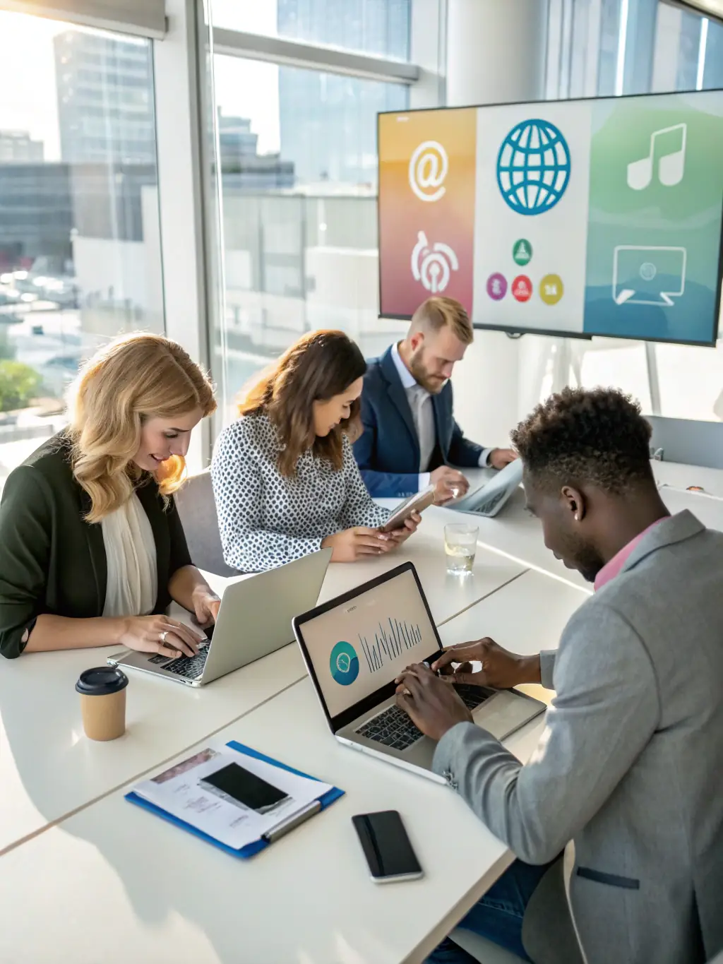 A diverse team of individuals collaborating effectively, using digital tools and project management software, showcasing team coordination.